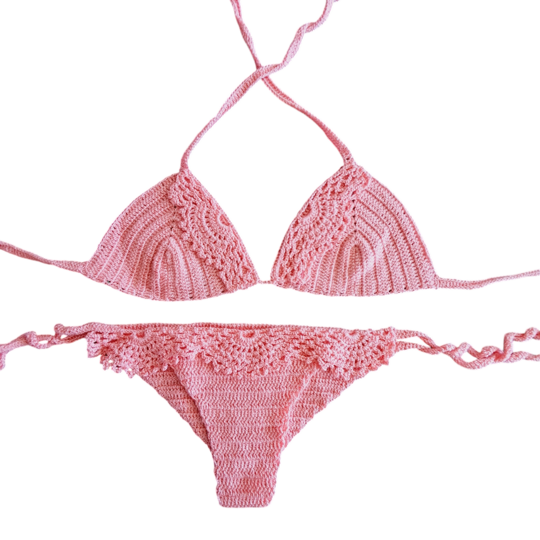 Bikini a crochet rosa coral